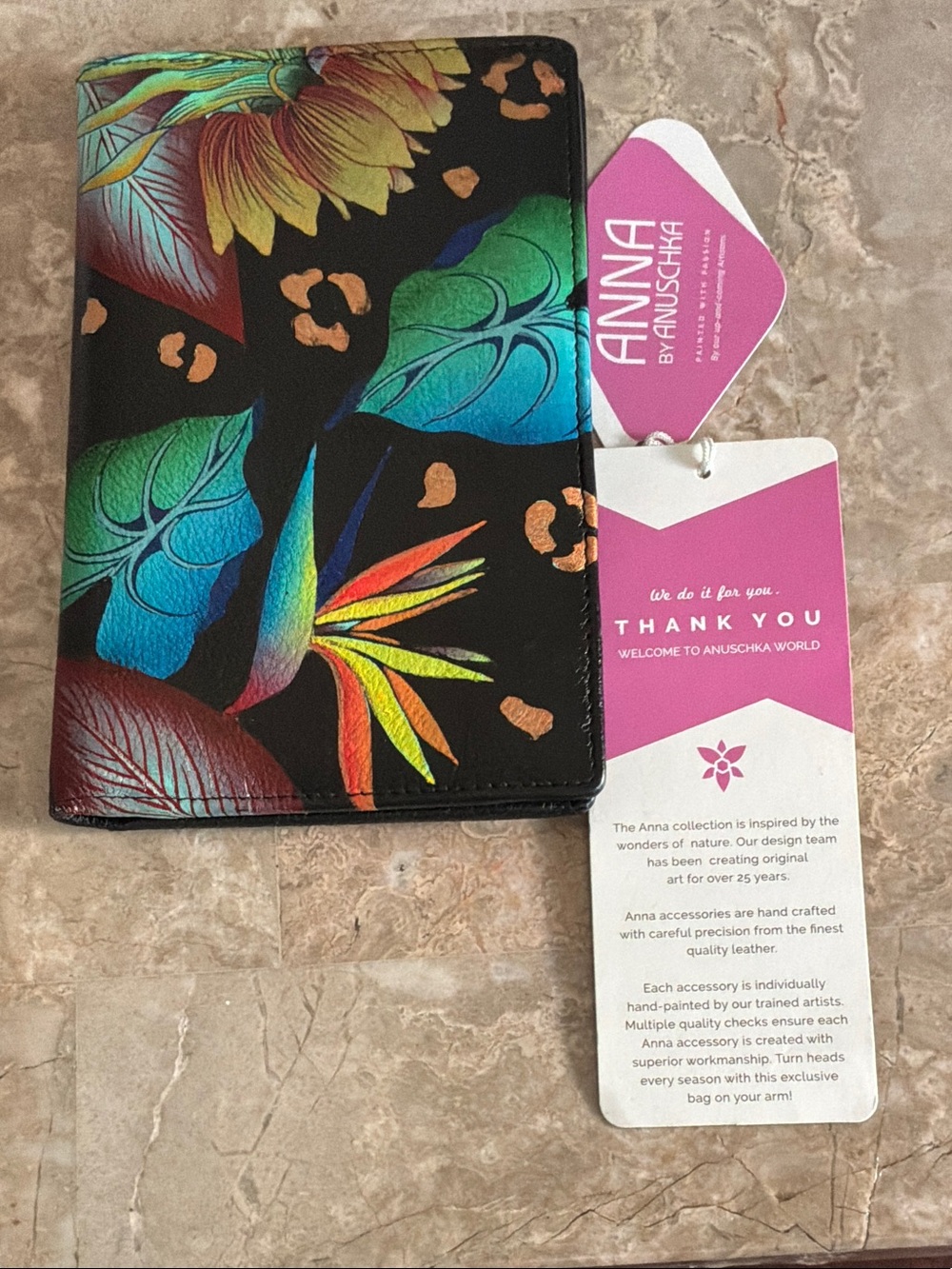Anna by Anuschka Floral Leather Passport Wallet - Black with Multicolor Leaves